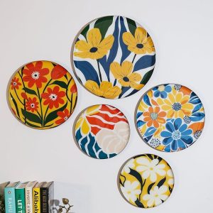 Basics Metal Decorative Wall Plates | Home Decoration | Vivid Floral Art Design | Living Room Wall Decoration | Décor Items | Gift Items (Multicolour) (Set of 5)